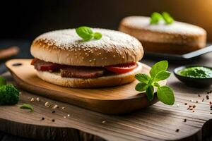 dos hamburguesas en un de madera corte tablero. generado por ai foto