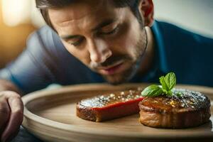 un hombre es mirando a un plato de filete. generado por ai foto