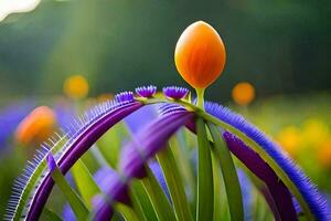 a single orange flower is standing in the middle of a field. AI-Generated photo