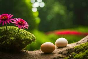 photo wallpaper the flowers, the grass, the moss, the eggs, the flowers, the eggs. AI-Generated