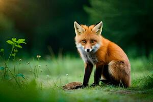 un zorro se sienta en el césped con sus ojos cerrado. generado por ai foto