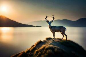 a deer stands on a hill overlooking a lake. AI-Generated photo