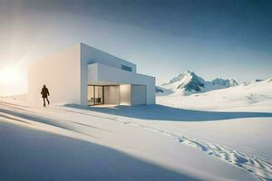 un persona caminando en el nieve cerca un blanco casa. generado por ai foto