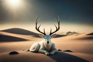 a white deer is sitting in the desert. AI-Generated photo