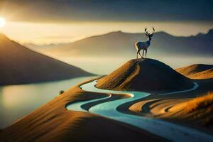 a deer stands on a hill overlooking a river. AI-Generated photo