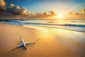 un avión es izquierda en el playa a puesta de sol. generado por ai foto