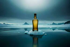 un botella de whisky flotante en el agua. generado por ai foto