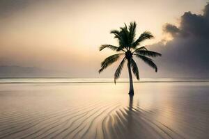 a lone palm tree stands on the beach at sunset. AI-Generated photo