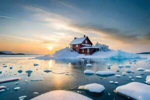 a house on an iceberg in the middle of the ocean. AI-Generated photo