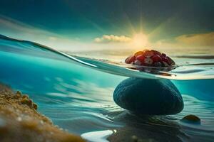 a rock in the ocean with a red flower. AI-Generated photo
