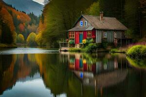 a small house sits on the edge of a lake. AI-Generated photo