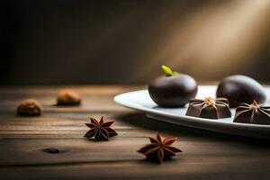 chocolate on a plate with an apple and star anise. AI-Generated photo
