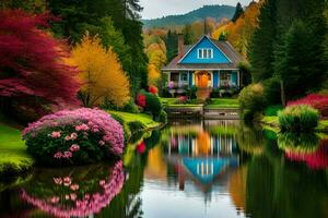 a house is surrounded by colorful flowers and trees. AI-Generated photo