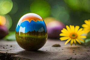 un Pascua de Resurrección huevo con un vistoso paisaje en él. generado por ai foto