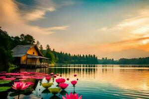 the lake is filled with lotus flowers and a house on the shore. AI-Generated photo