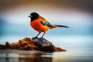 a colorful bird is standing on a rock. AI-Generated photo