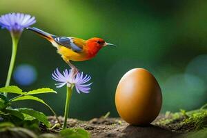 a bird is standing on a flower and an egg. AI-Generated photo