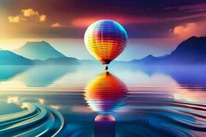 a colorful hot air balloon floating in the water. AI-Generated photo