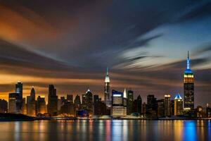 the city skyline at night with clouds and a rainbow. AI-Generated photo