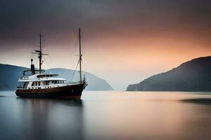 un barco es navegación en el Oceano a puesta de sol. generado por ai foto