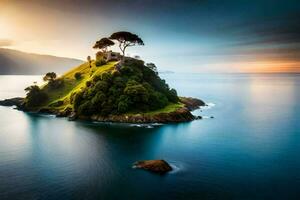 the island is surrounded by water and a tree. AI-Generated photo