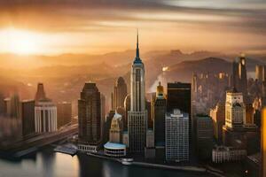 the sun rises over the city skyline in new york. AI-Generated photo