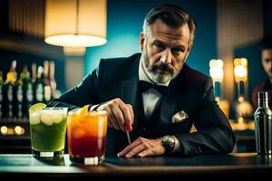 a man in a tuxedo is holding a cocktail. AI-Generated photo