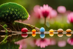 colorful eggs are lined up in a row on a tree branch. AI-Generated photo