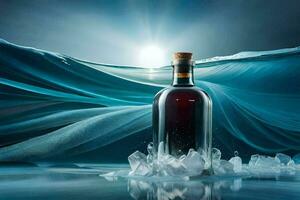 a bottle of liquor sitting on ice in the ocean. AI-Generated photo