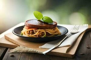 spaghetti with meat and tomato on a plate. AI-Generated photo