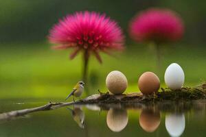 un pájaro se sienta en un rama siguiente a huevos. generado por ai foto