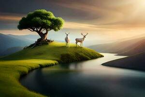 two deer stand on a hill overlooking a river. AI-Generated photo