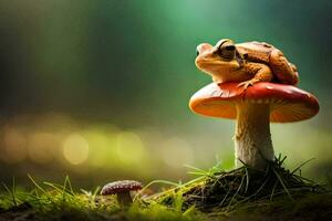 a frog sits on top of a mushroom in the forest. AI-Generated photo