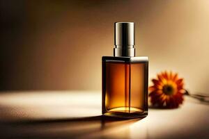 a bottle of perfume sitting on a table with a flower. AI-Generated photo