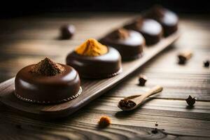 chocolate desserts on a wooden tray. AI-Generated photo