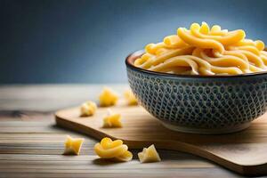 a bowl of pasta on a wooden table. AI-Generated photo