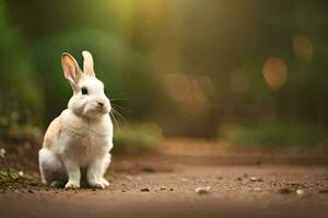 blanco Conejo sentado en el suelo en el bosque. generado por ai foto