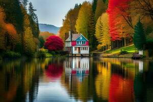 a house sits on the edge of a lake surrounded by colorful trees. AI-Generated photo