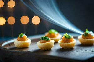 small appetizers on a wooden tray with smoke coming out of them. AI-Generated photo