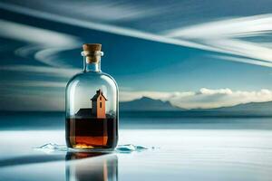 a bottle of whiskey sitting on the beach with a church in the background. AI-Generated photo