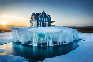 a house sits on an iceberg in the middle of the ocean. AI-Generated photo