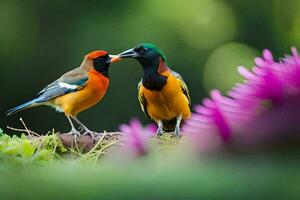 dos vistoso aves en pie en un rama con flores generado por ai foto