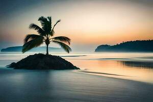 a lone palm tree stands on a small island in the middle of the ocean. AI-Generated photo