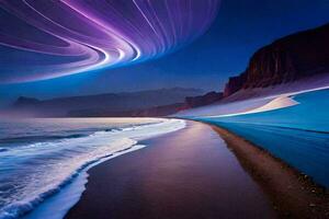 un playa con púrpura y azul luces. generado por ai foto