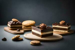 chocolate cake with cookies and cream on a wooden board. AI-Generated photo