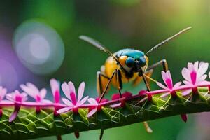 un cerca arriba de un abeja en un rosado flor. generado por ai foto