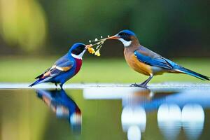 dos aves son en pie siguiente a cada otro con alimento. generado por ai foto