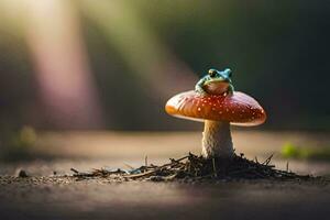 a frog sits on top of a mushroom. AI-Generated photo