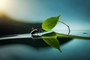 a leaf on the water with a bug on it. AI-Generated photo