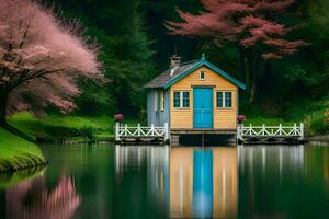 a small house sits on a dock surrounded by trees. AI-Generated photo